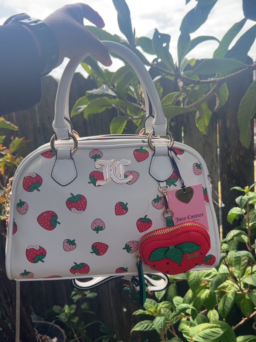 Juicy Couture White Strawberry Print Satchel with Red Strawberry Charm